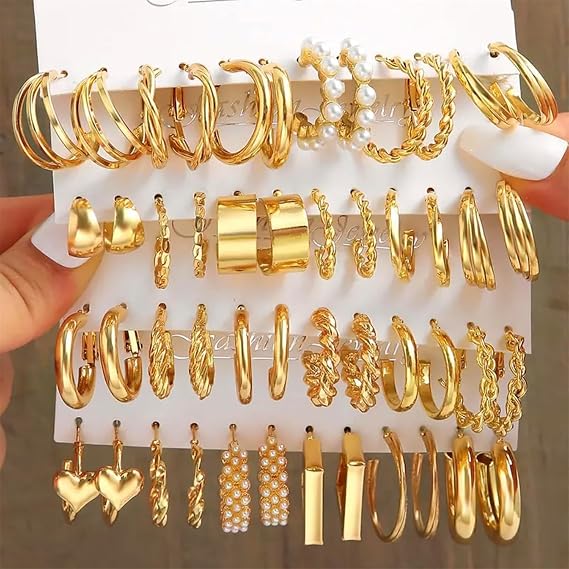 Xspring Earrings sets, 24 pairs of lightweight hypoallergenic hoop ears, thick gold sway ears, gold hoop ears set for women, style sway ears, elegant hoop ears for gift