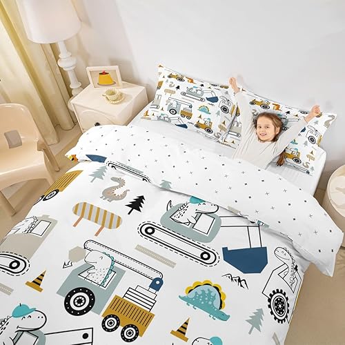 Miniatura 5 de Juego de funda de edredón de construcción, tamaño matrimonial, para niños, niñas, decoración de dinosaurios, juego de funda de edredón con estampado