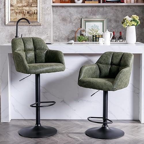 Miniatura 6 de Juego de 2 taburetes de bar giratorios modernos con altura de mostrador trasero, sillas de bar ajustables con reposapiés de metal, sillas de isla