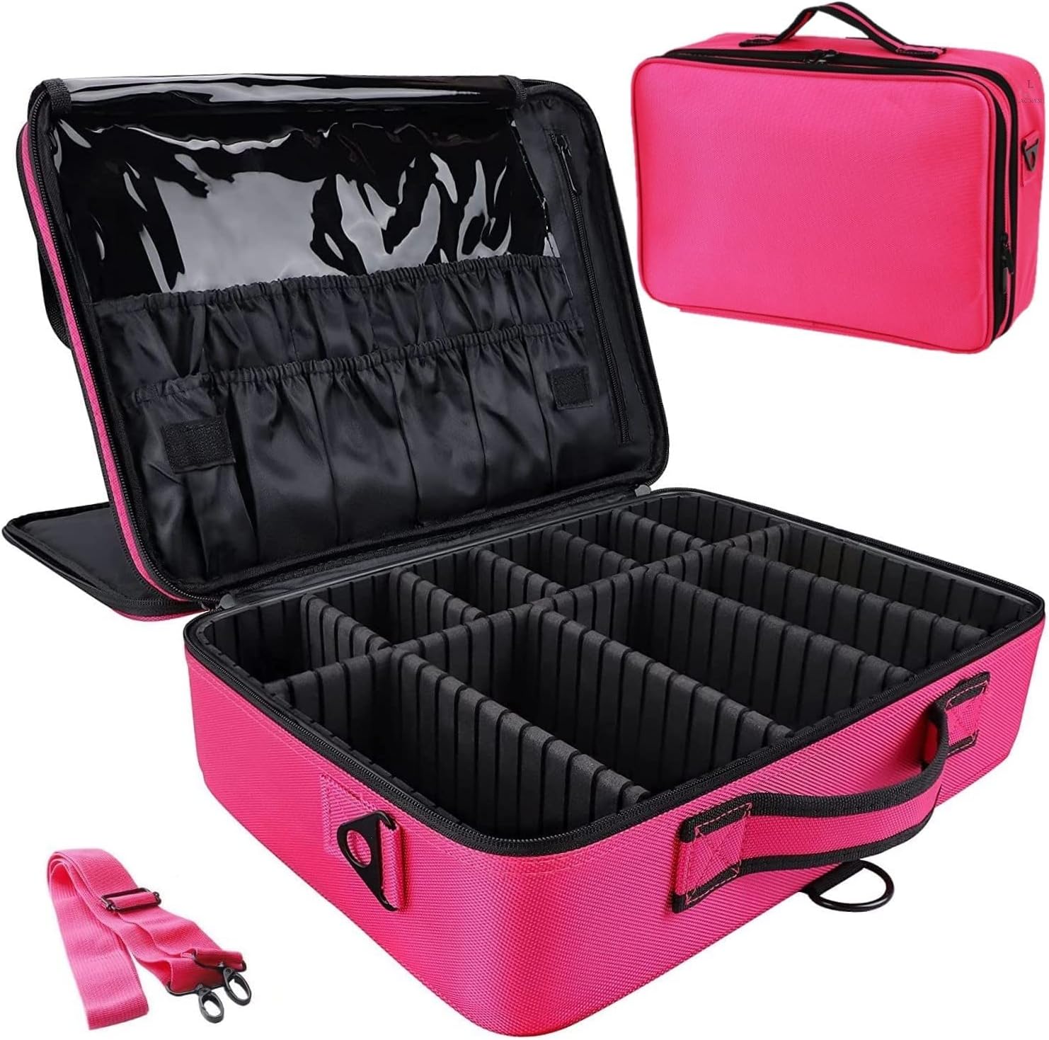 Travel Professional Makeup Case Organizer Bag for Women | Portable Artist Storage Makeup Brush Bag with Adjustable Dividers, PINK, 18 INCH (2 LAYER), Travel Accessories