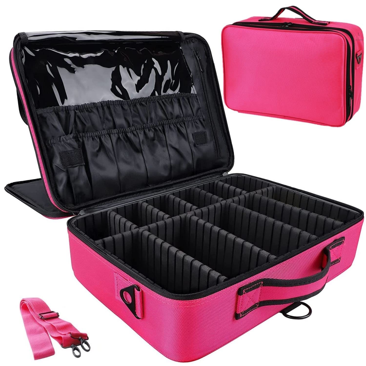 LACOPINE Nylon Travel Professional Makeup Box for Women 20x14x8 cm | Portable Artist Storage Makeup Brush Bag with Adjustable Dividers (Pink, 18 INCH (2 Layer))