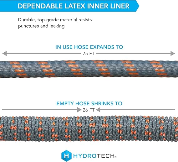 HydroTech 75 ft Expandable Garden Hose - Burst Proof & Lightweight, Flexible Water Hose with Durable Reinfordced Latex Core & Solid Brass Fittings for Lawn, Garden, Car Washing