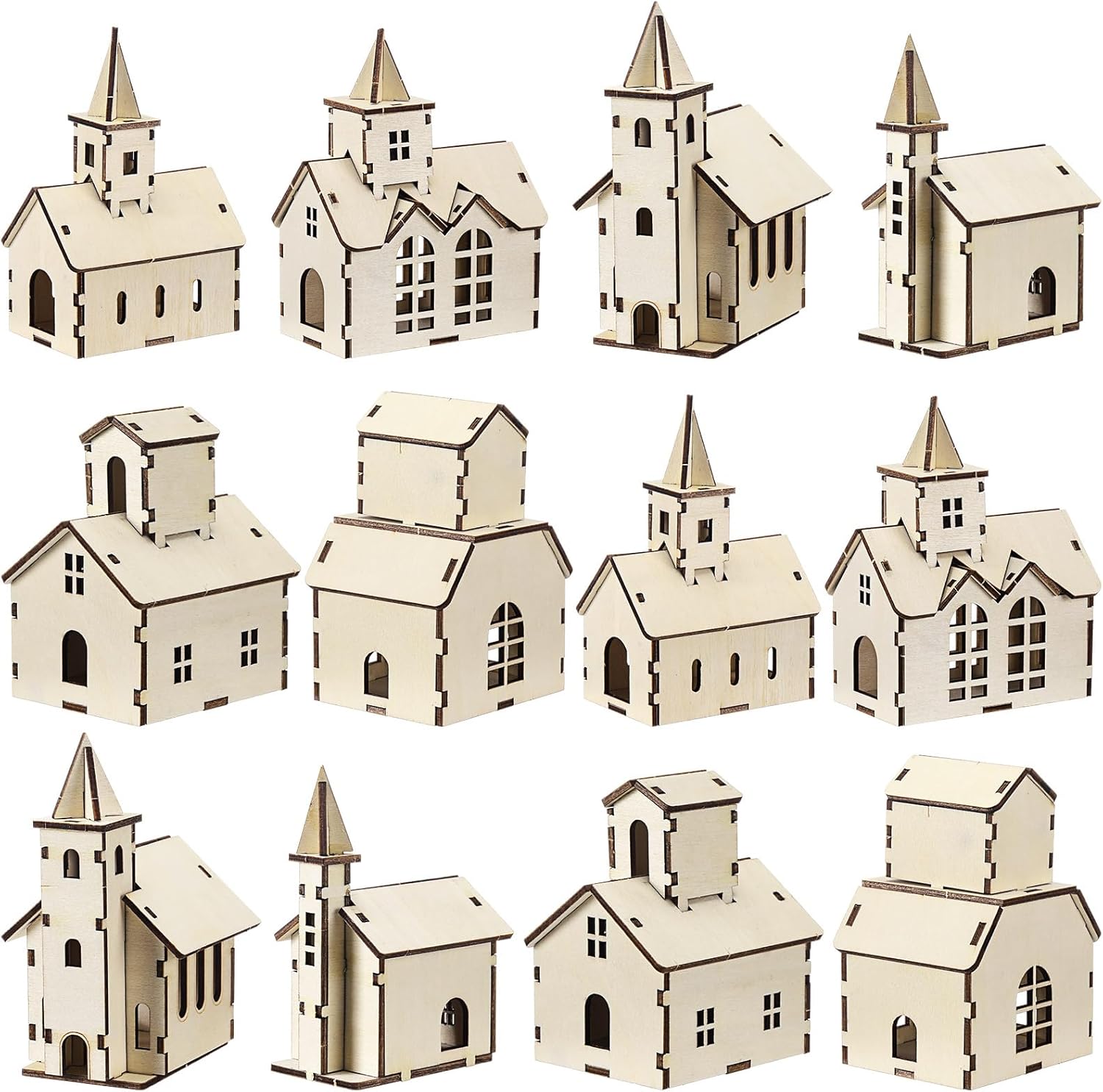 Hiboom 12 Pcs DIY Christmas Village Sets Wood Rustic Church Christmas Mini Wooden House Gift for Winter Xmas Party Crafts Decorations Church 12