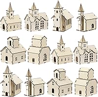Hiboom 24pcs DIY Christmas Village Wooden Houses - Rustic Church Mini Sets for Xmas Crafts, Painting & Holiday Decor