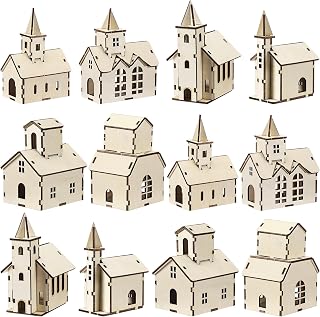Hiboom 24pcs DIY Christmas Village Wooden Houses - Rustic Church Mini Sets for Xmas Crafts, Painting & Holiday Decor