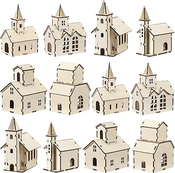 Hiboom 12 Pcs DIY Wooden Christmas Village House, Church