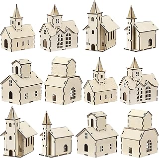 Hiboom 24 Pcs DIY Christmas Village Sets Wood Rustic Church Christmas Mini Wooden House Gift for Winter Xmas Party Crafts Decorations