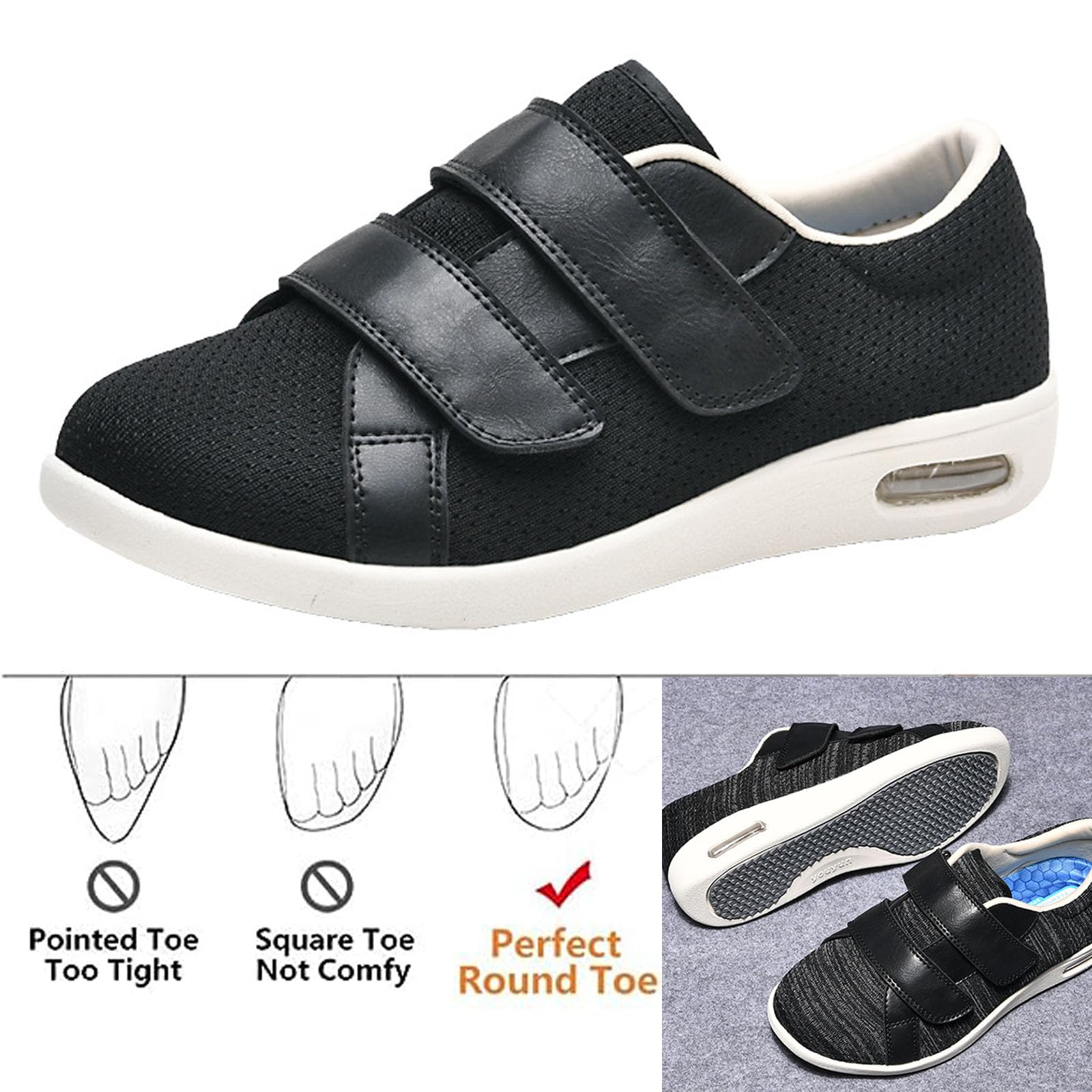 Damskie buty do chodzenia z podparciem łuku stopy, regulowane zapięcie, lekkie, oddychające tenisówki, łatwe do zakładania i zdejmowania (Black Gray us Men 14)