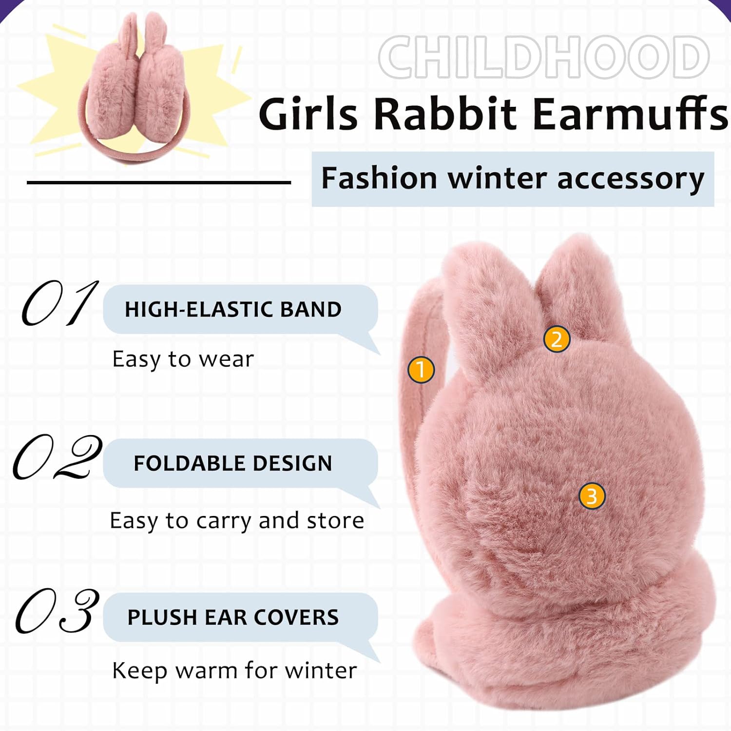 Peecabe Winter Kids Earmuffs Warm Girl Ear Muffs For Toddler Kid Children Earmuff with Cat Ears Girls Ear Warmer (Skin Pink Bunny) - Image 2