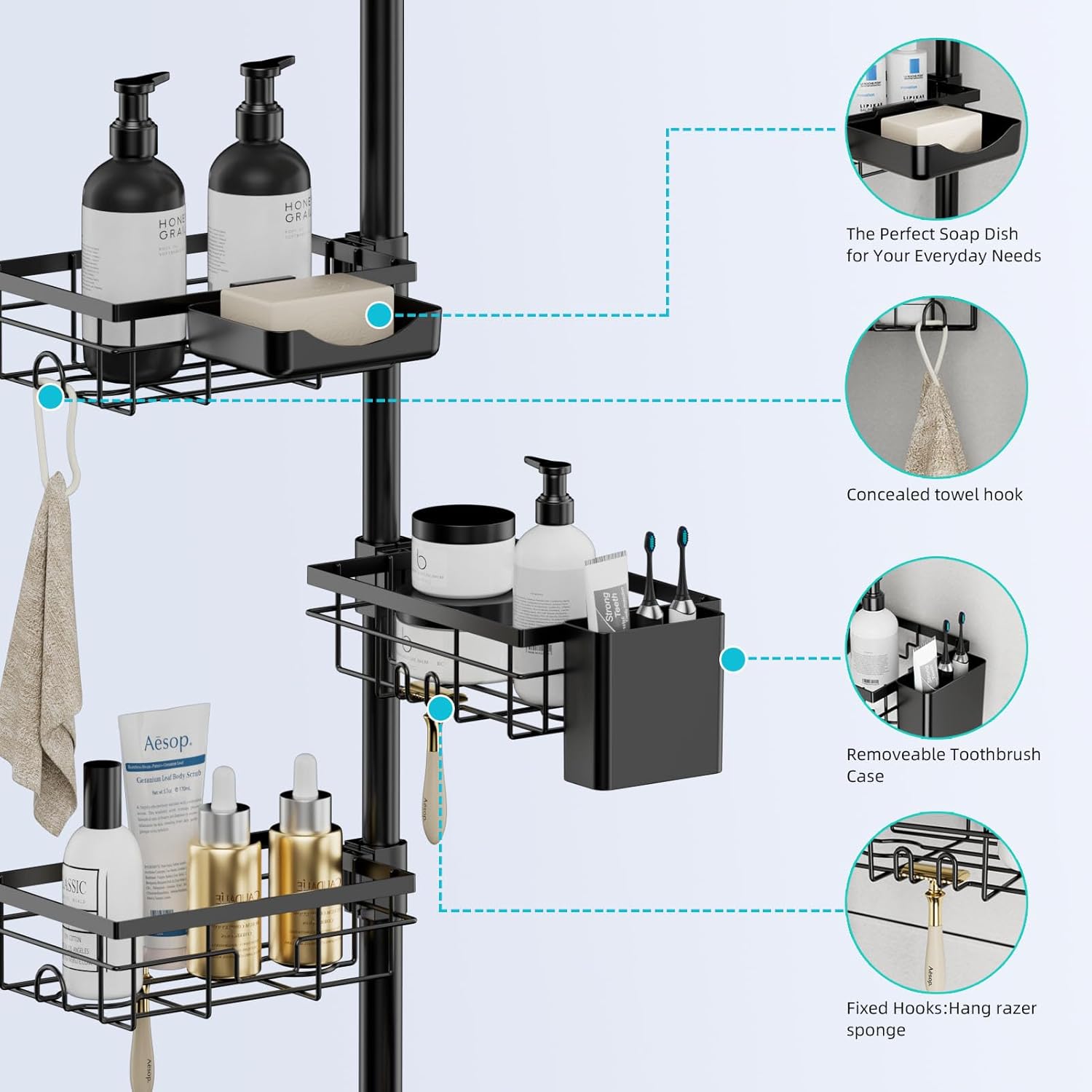 Corner shower storage pole, six-tier bathroom storage rack, height adjustable 30-120 inches, black carbon steel, with toothbrush cup, soap dish, towel storage pole, razor holder, hooks.