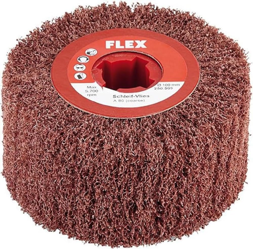 Flex Schleif-Vlies (100 Ø x 100, Korn A 400 very fine, Vlieswalze aus Nylongewebe, mit Keilnut, für Edelstahl/Kupfer/Alu/Messing/Kunststoff + Holz, Schleifband, Schleifwerkzeug) 256.976