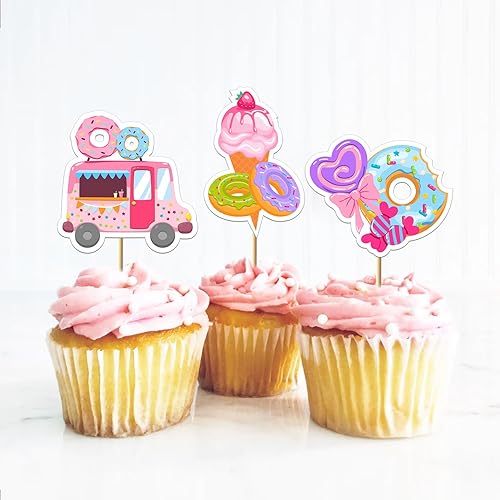 Miniatura 2 de 36 piezas de decoración de cupcakes de helado para tartas, donas para crecer, dos dulces temas, decoraciones de fiesta de cumpleaños, suministros de