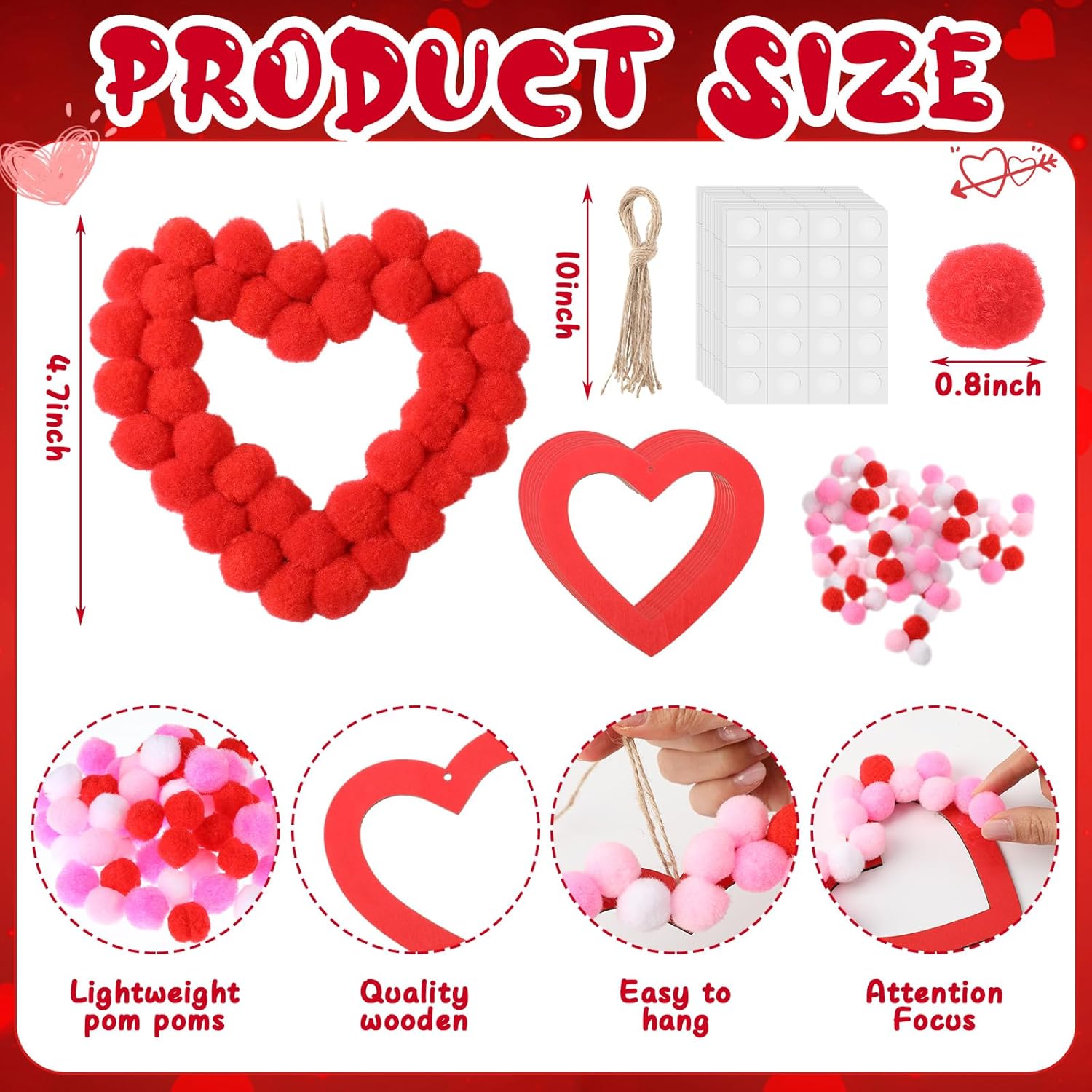 Realspring 12 Sets Valentine Hollow Heart Pom-poms Craft Kit DIY Pom Pom Red Heart Wooden Ornament Craft Bulk Valentine's Day Poms Decor for Home Activity Classroom Party
