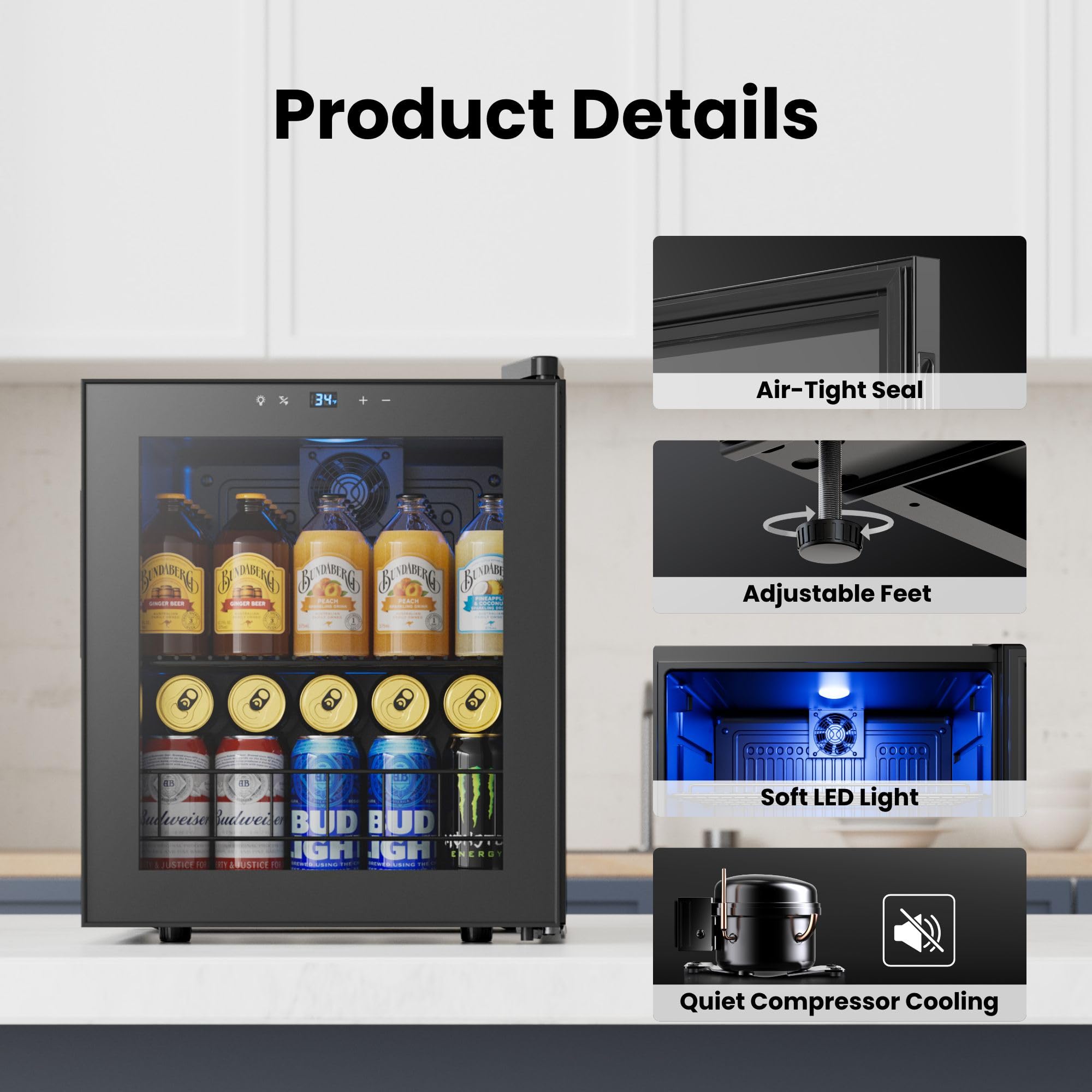 YEEGO Beverage Refrigerator, 65 Can Mini Fridge With Glass Door, Digital Temperature Control 34°F-54°F, Countertop Drink Cooler For Soda, Beer And Wine, Black on Fridge.com - View 6
