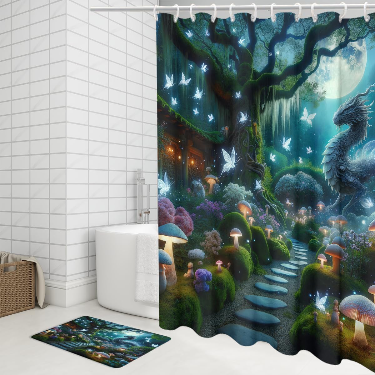 Fantasy Enchanted Forest Dragon 4 Piece Shower Curtain Sets,Fairytale Forest Spring Garden Mushrooms Butterflies Non-Slip Rugs,Toilet Lid Cover and Bath Mat,Durable and Waterproof,for Bathroom