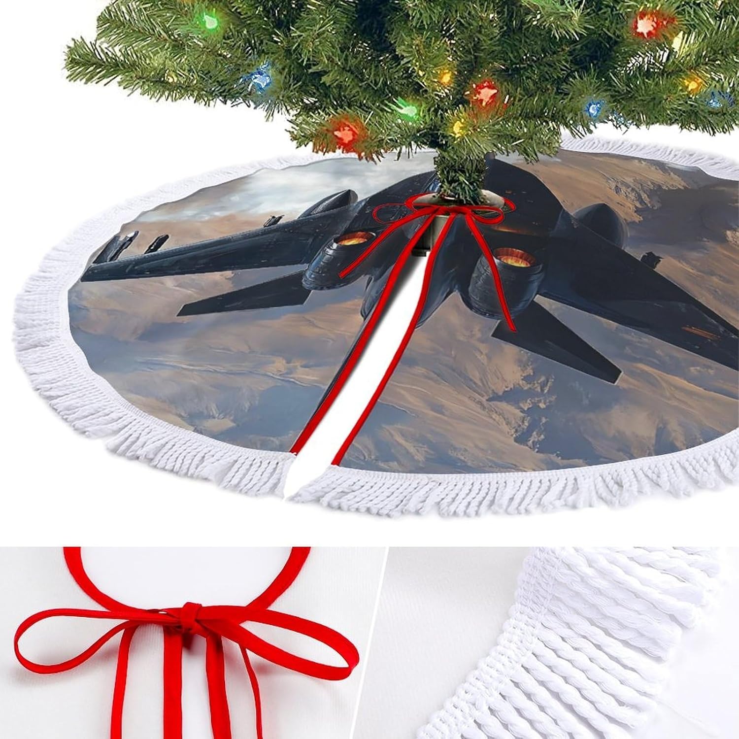 F-15 Fighter Jet Aircraft Christmas Tree Skirt Round Xmas Tree Mat Ornaments Tree Skirts with Tassels for Holiday Party