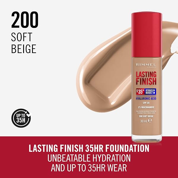 Rimmel Lasting Finish 35Hr Foundation 200 Soft Beige, Full Coverage, Hydrating, SPF20, Hyaluronic Acid, Vitamin E, 2% Niacinamide, All Day Wear, Vegan, Cruelty Free - 2