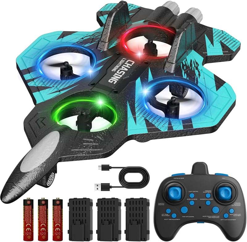 Foam RC Airplane with Cool Led Light, 360° Flip and Headless Mode, Remote Control Airplane RC Plane for Kids Adults Aged 6+, RC Flying Toy for Kids, Birthday Gift - Black Blue