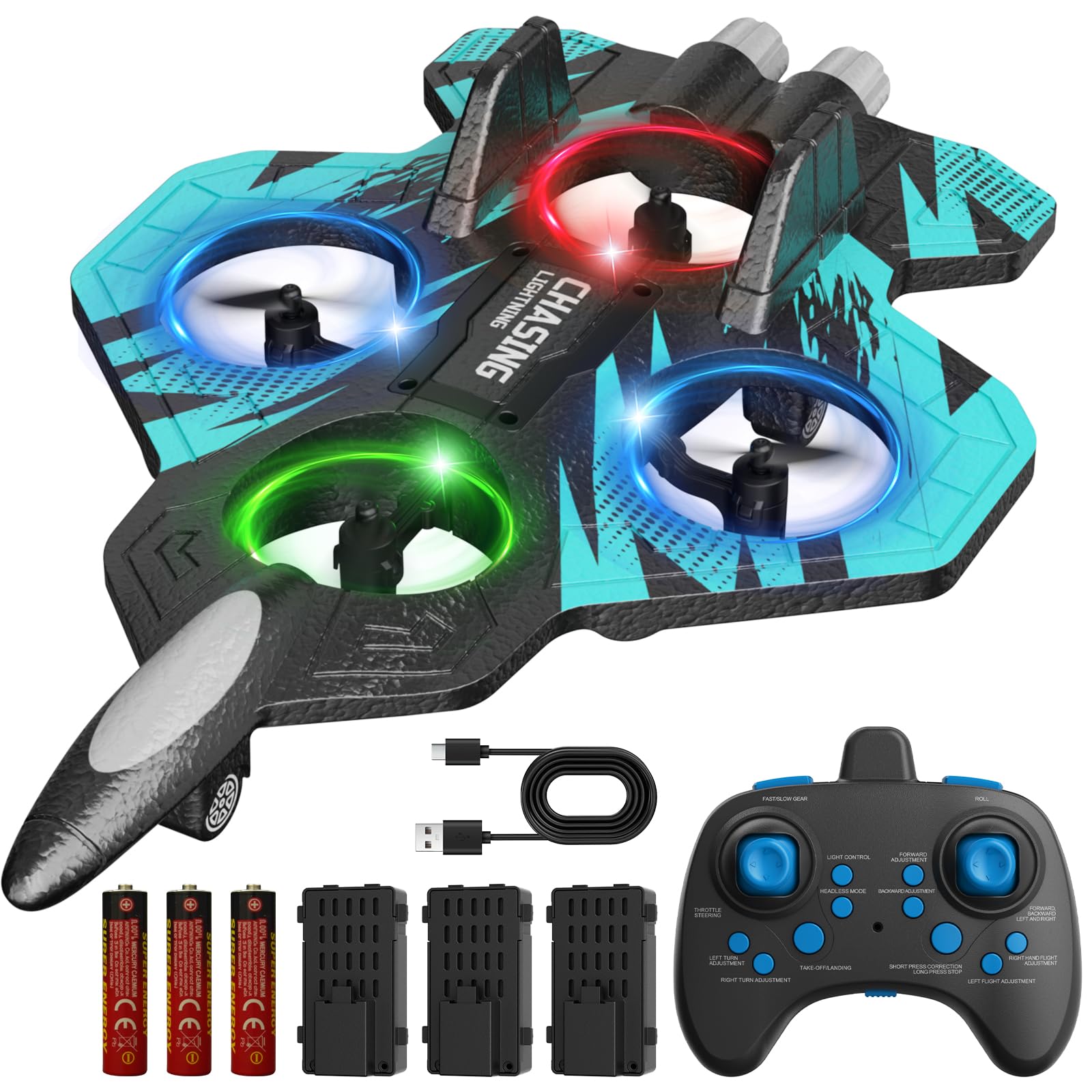 FUNPX Foam RC Plane with 3 Drone Batteries and 3*AAA Batteries (Black/Blue) | 360° flips & stunts, LED night flying, headless mode for easy control, durable foam construction, ideal for beginners aged