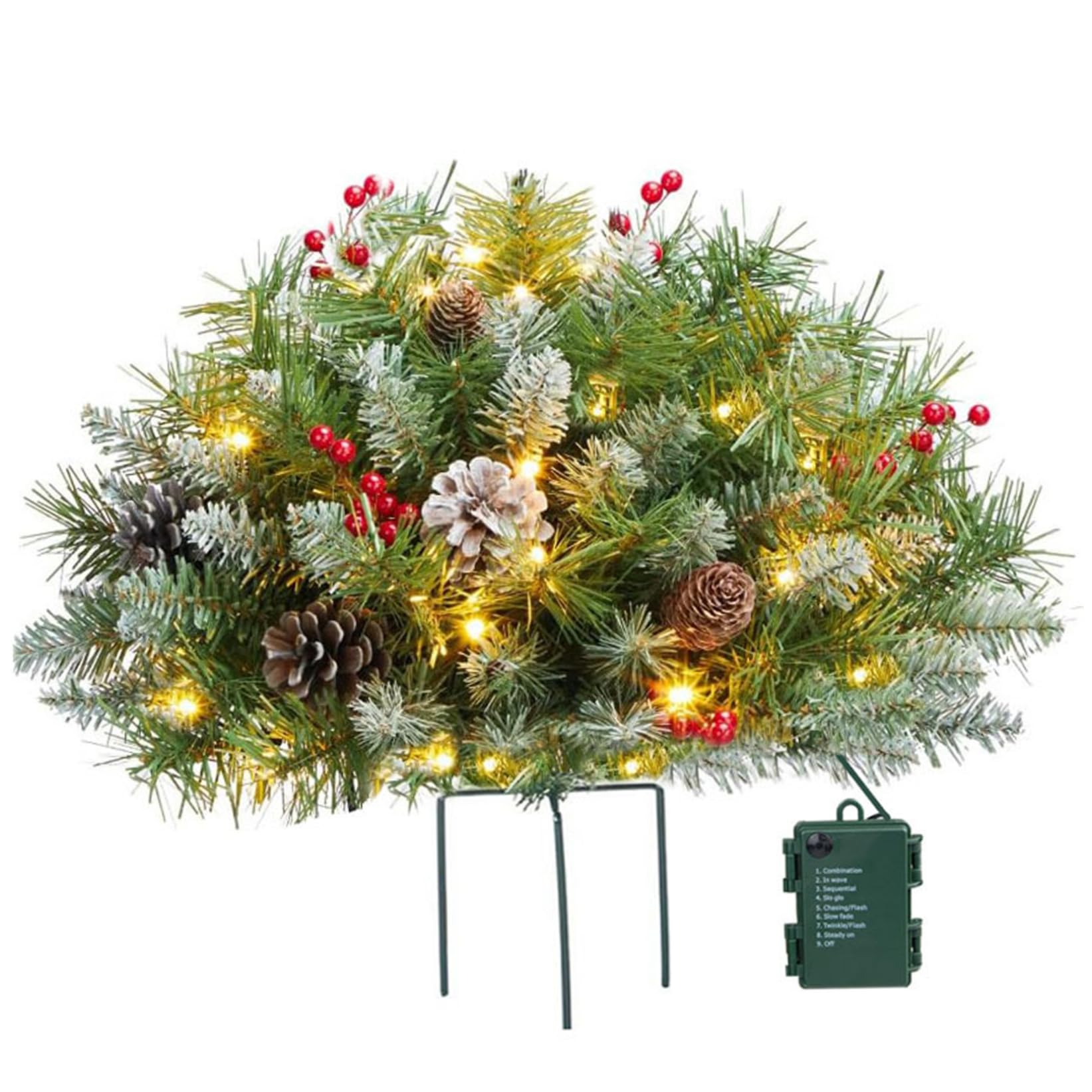 Gcroet 1PC Outdoor Christmas Tree 27x18 Pre-lit Artificial Christmas Tree Urn Fillers with Cones, Red Berries, Tripod Stake for Outdoor Front Porch Yard