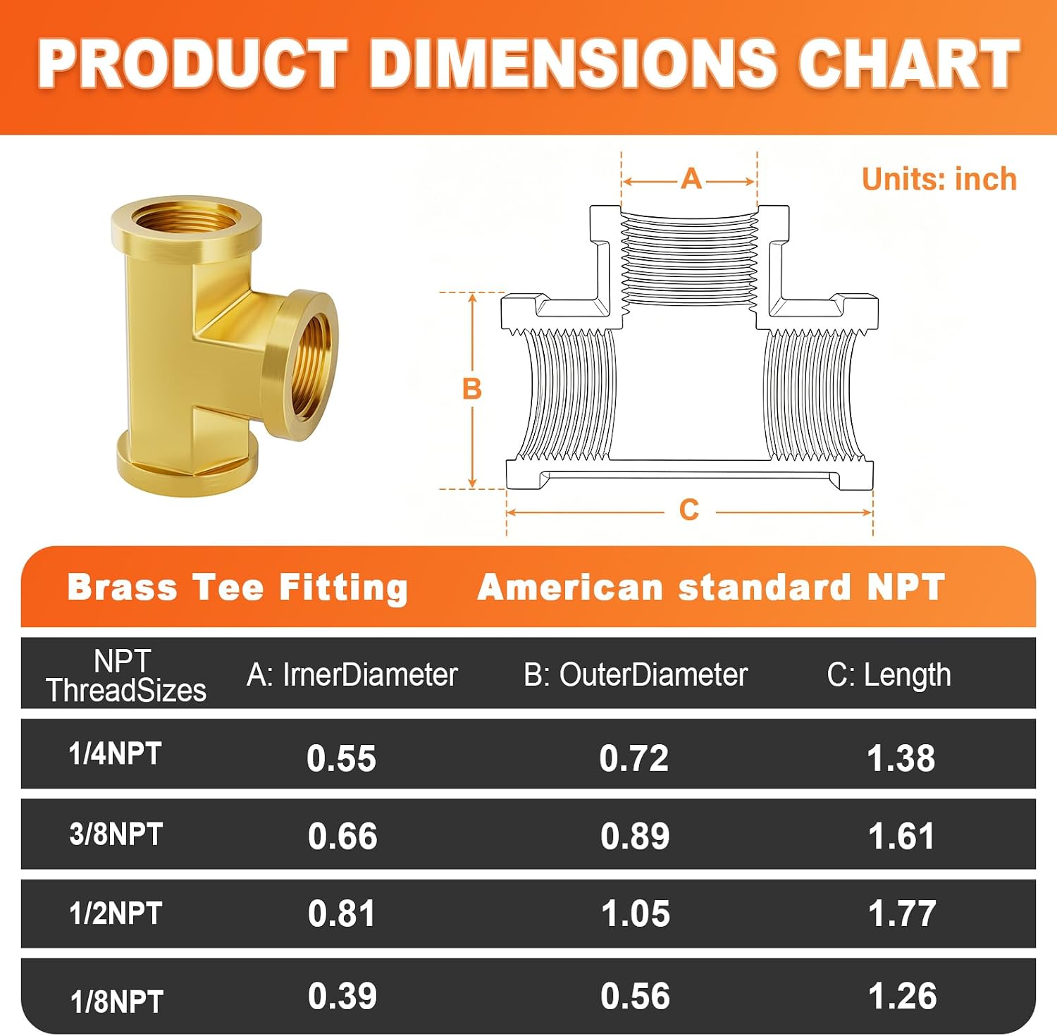 GASHER 2 Pcs Brass Tee Fitting, 1/2" x 1/2" x 1/2" NPT Female Pipe Fittings