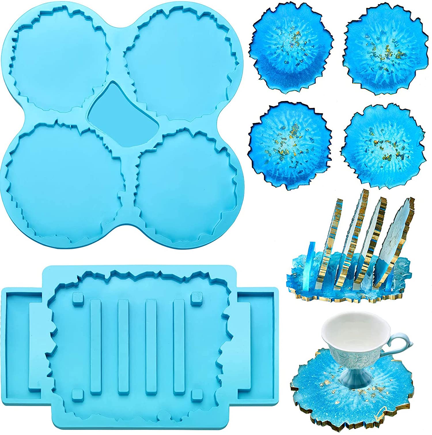 DELFINO 2 Pieces Coaster Resin Molds Set Coaster Stand Silicone Mold Cup Mat Epoxy Resin Casting Mold Cup Stand Holder Mold for DIY Crafts Home Decorations Coaster Making Tools (Blue)