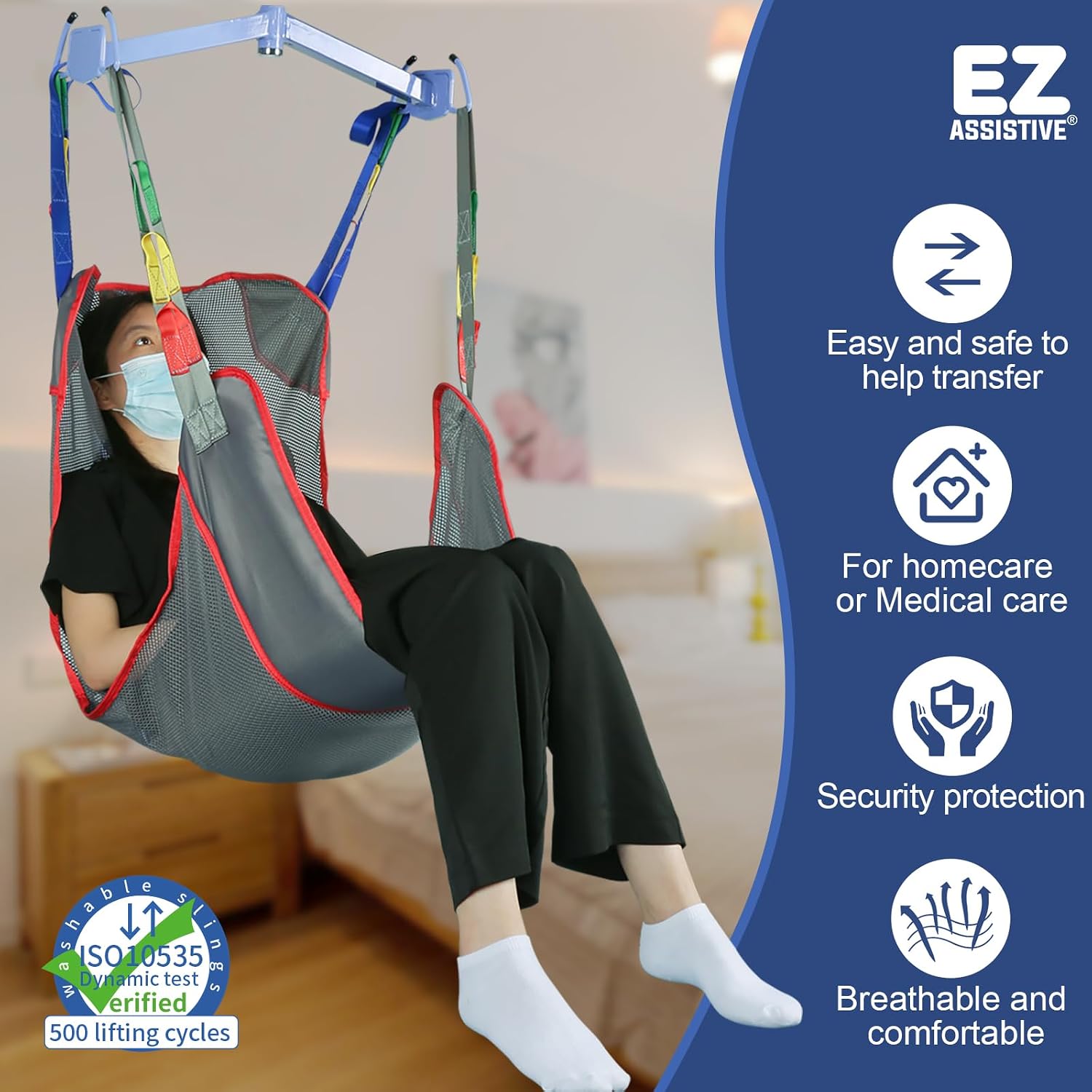 Universal Full Body Patient Lift Sling, Mesh U-Shape Transfer Sling for Toileting & Showering, Divided Leg Design, Compatible with Most Patient Hoist Lifts, 500 lb Capacity (Large)