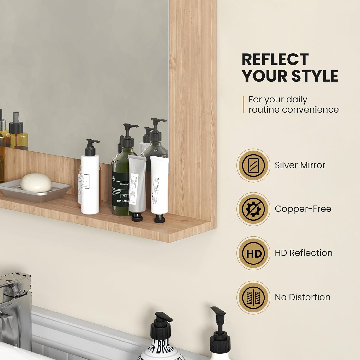 Tangkula Bathroom Mirror with Shelf, 23.5" x 17.5" Rectangle Wood Frame Bathroom Vanity Mirror for Over Sink, Wall Mounted Modern Mirror for Living Room, Entryway (Natural, 23.5" x 17.5")