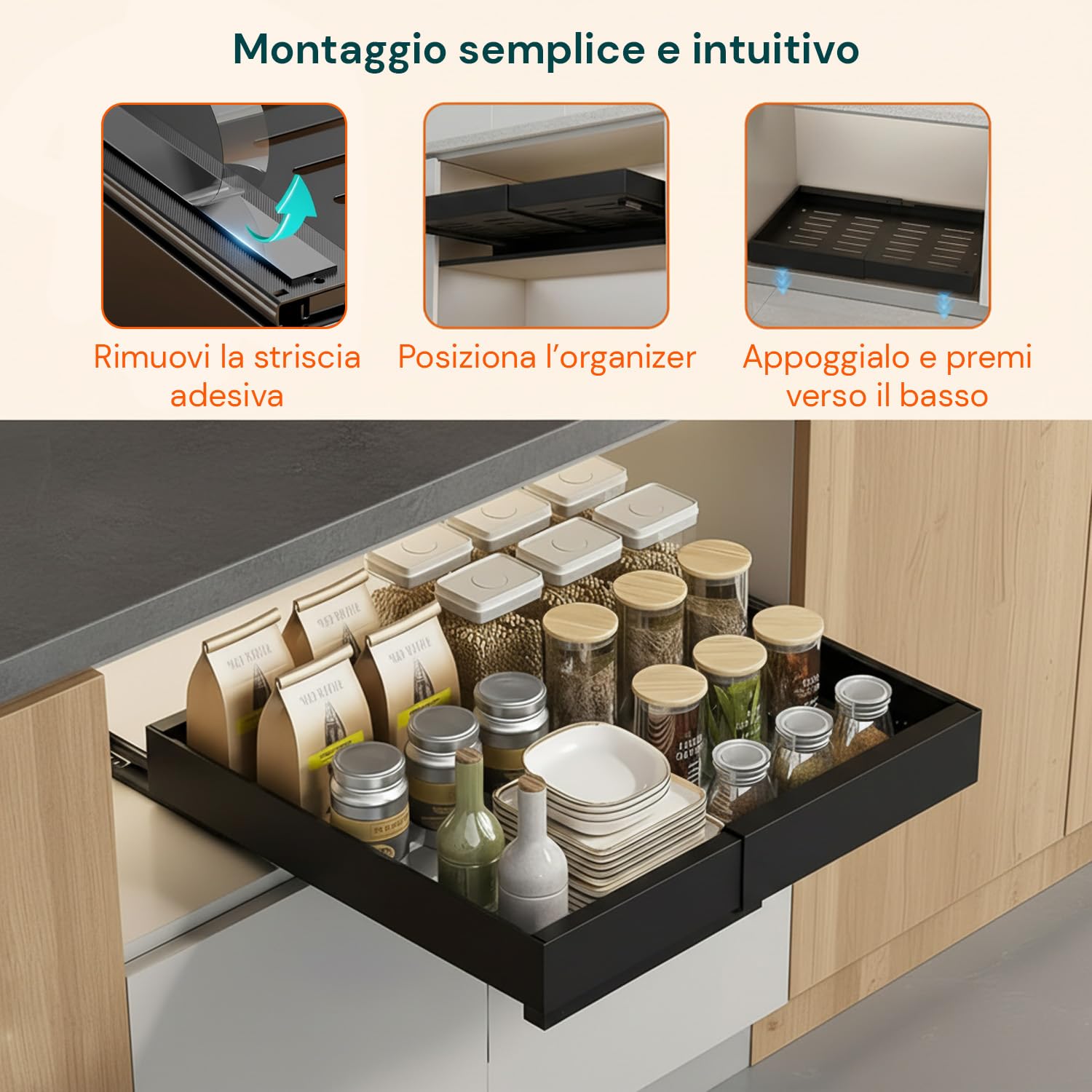 Avilia - Cassetto Universale Estraibile e Espandibile in Acciaio con Binario – Organizer per Mobili, Cucine e Dispense – Montaggio Adesivo - Ripiano Salvaspazio (Nero, 30-50x43,5x7 cm)