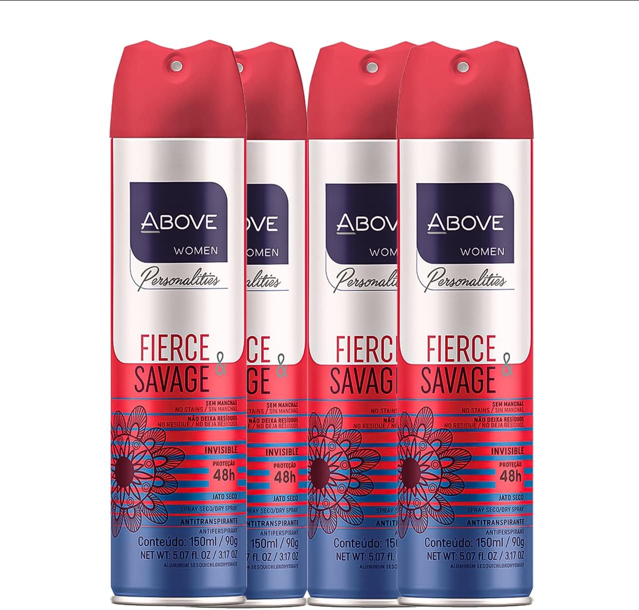 ABOVE Fierce and Savage - 48 Hours Personalities Antiperspirant Deodorant Set for Women - Notes of Pink Pepper and Jasmine - Dry Spray Protects Against Sweat and Body Odor - Alcohol Free - 4 pc