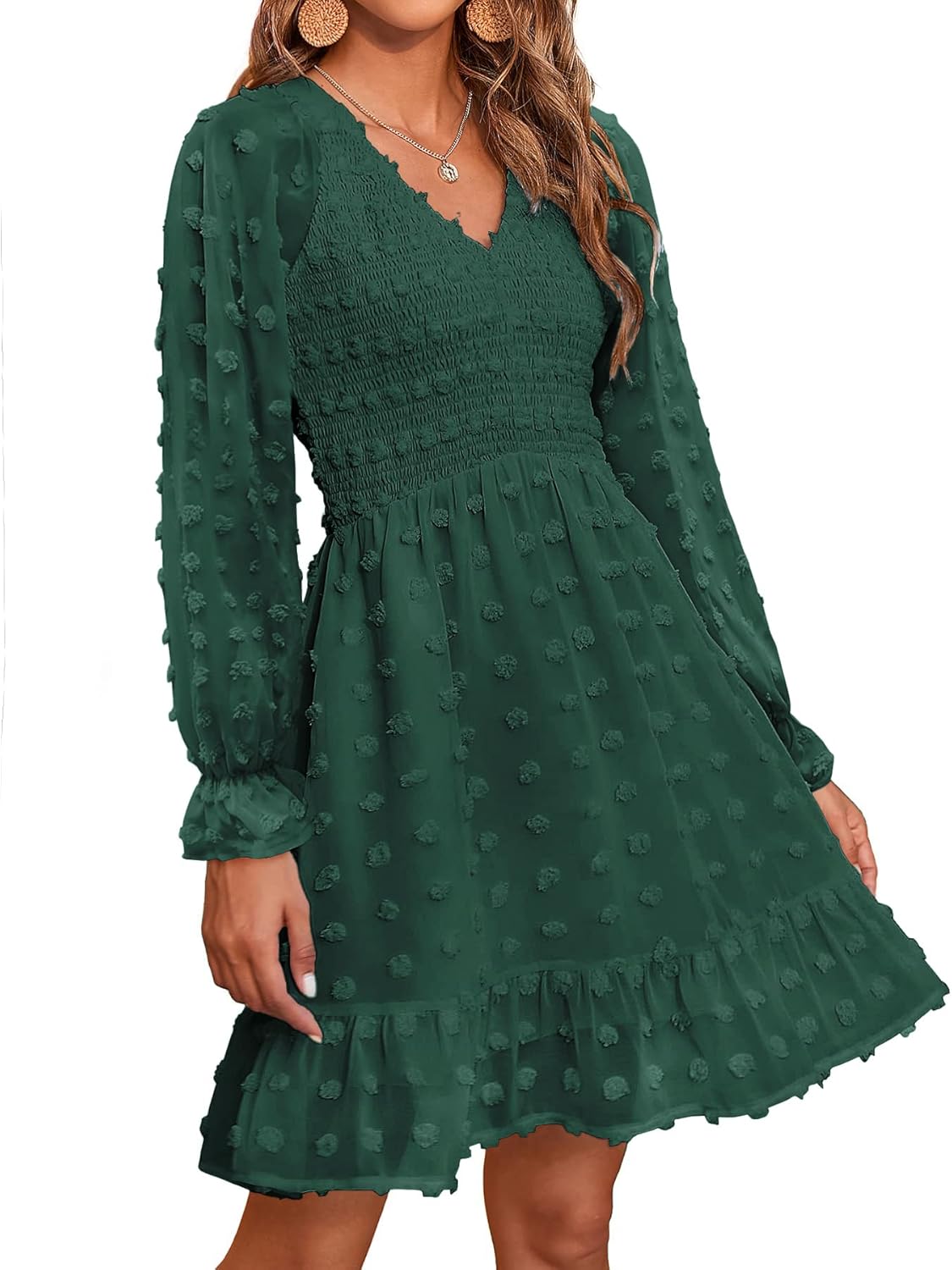 BTFBM Long Sleeve Fall Dresses for Women 2025 Casual V Neck Swiss Dot Smocked Ruffle Chiffon Summer Flowy Mini Dress