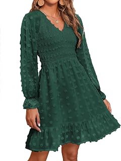 Long Sleeve Fall Dresses for Women 2025 Casual V Neck Swiss Dot Smocked Ruffle Chiffon Summer Flowy Mini Dress