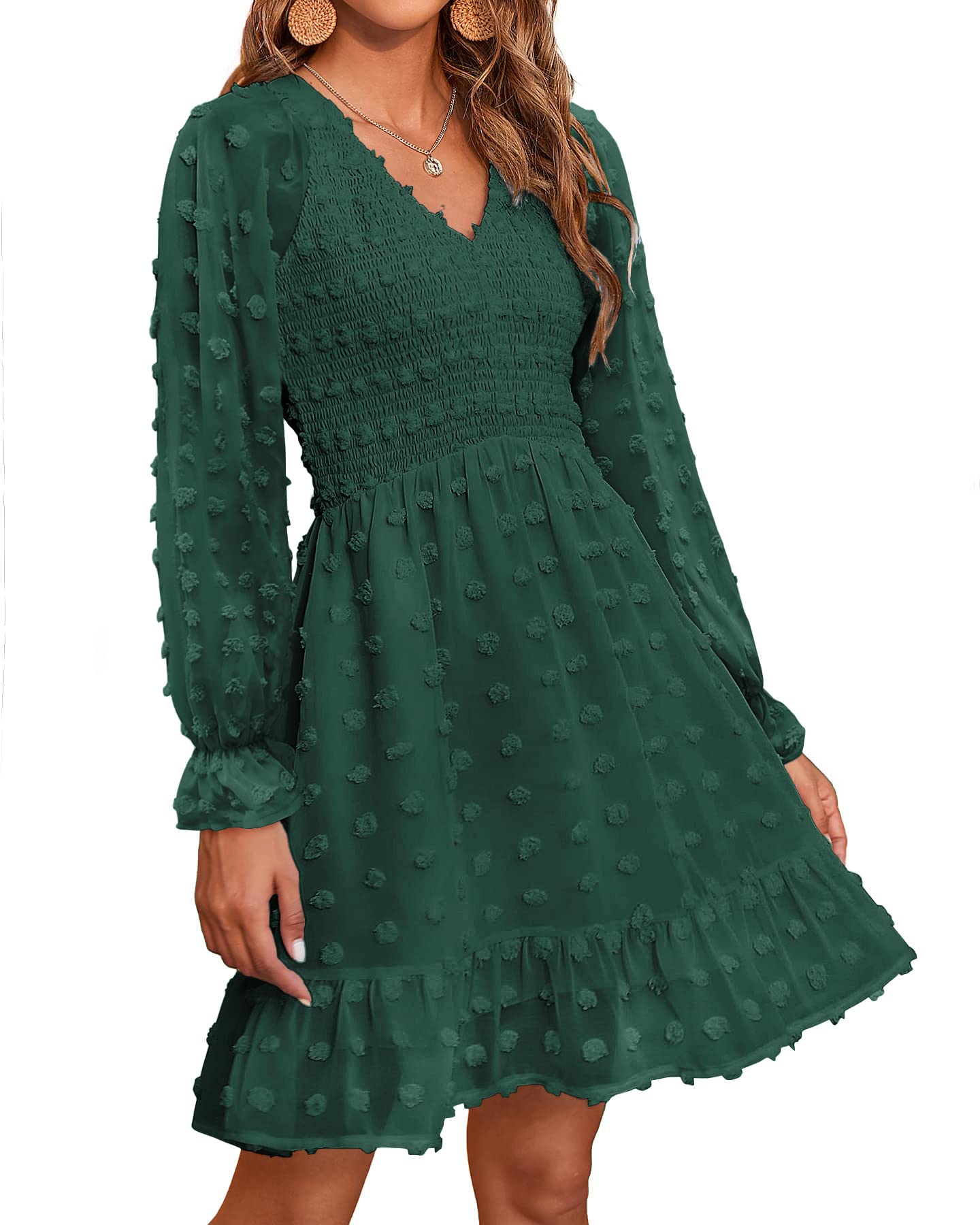 BTFBM Spring Dresses for Women 2026 Long Sleeve Casual V Neck Swiss Dot Smocked Ruffle Chiffon Flowy Mini