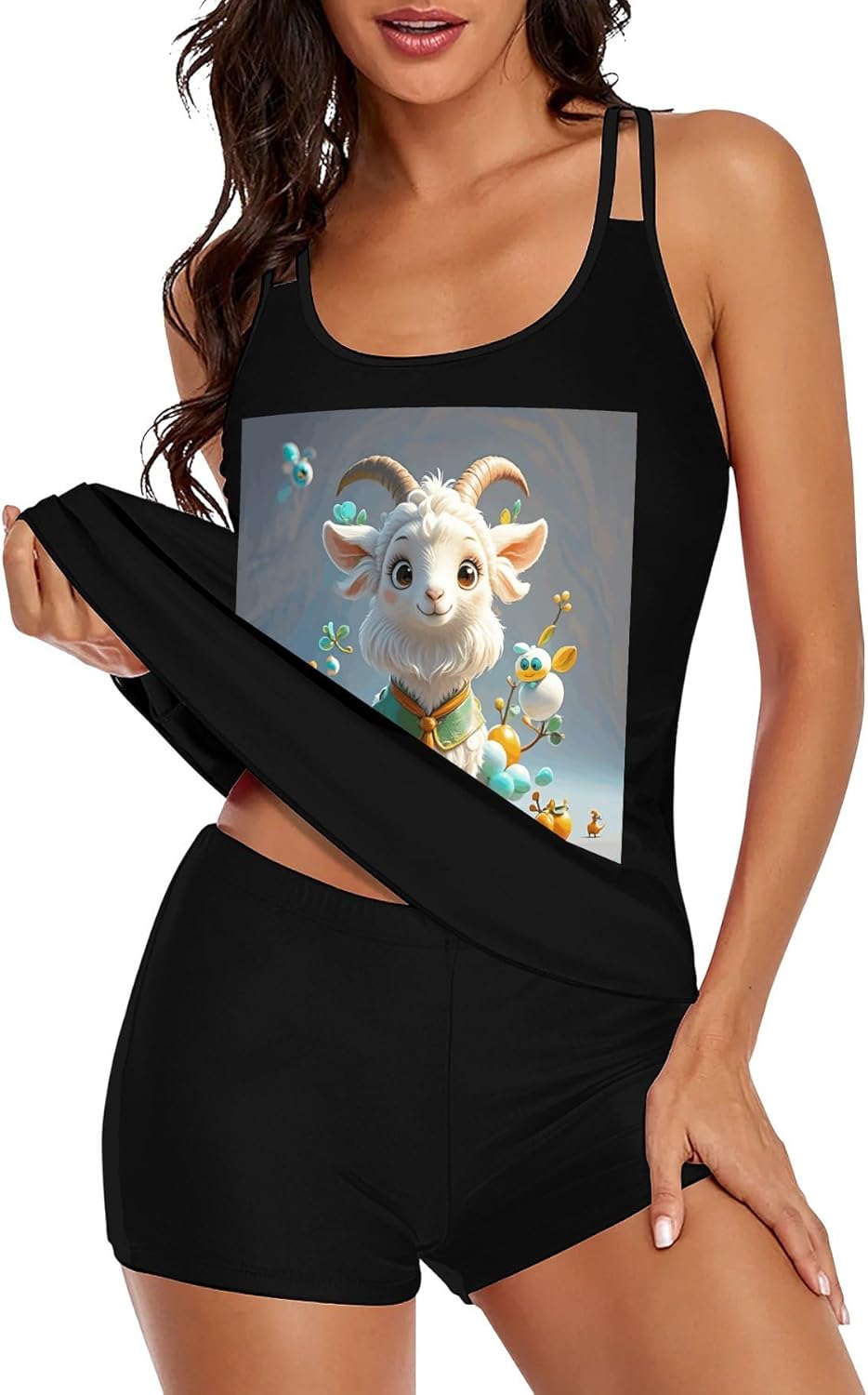 Cute Goat Tankini Swimsuits for Women Tummy Control Two Piece Bathing Suits Swim Tops with Boy Shorts