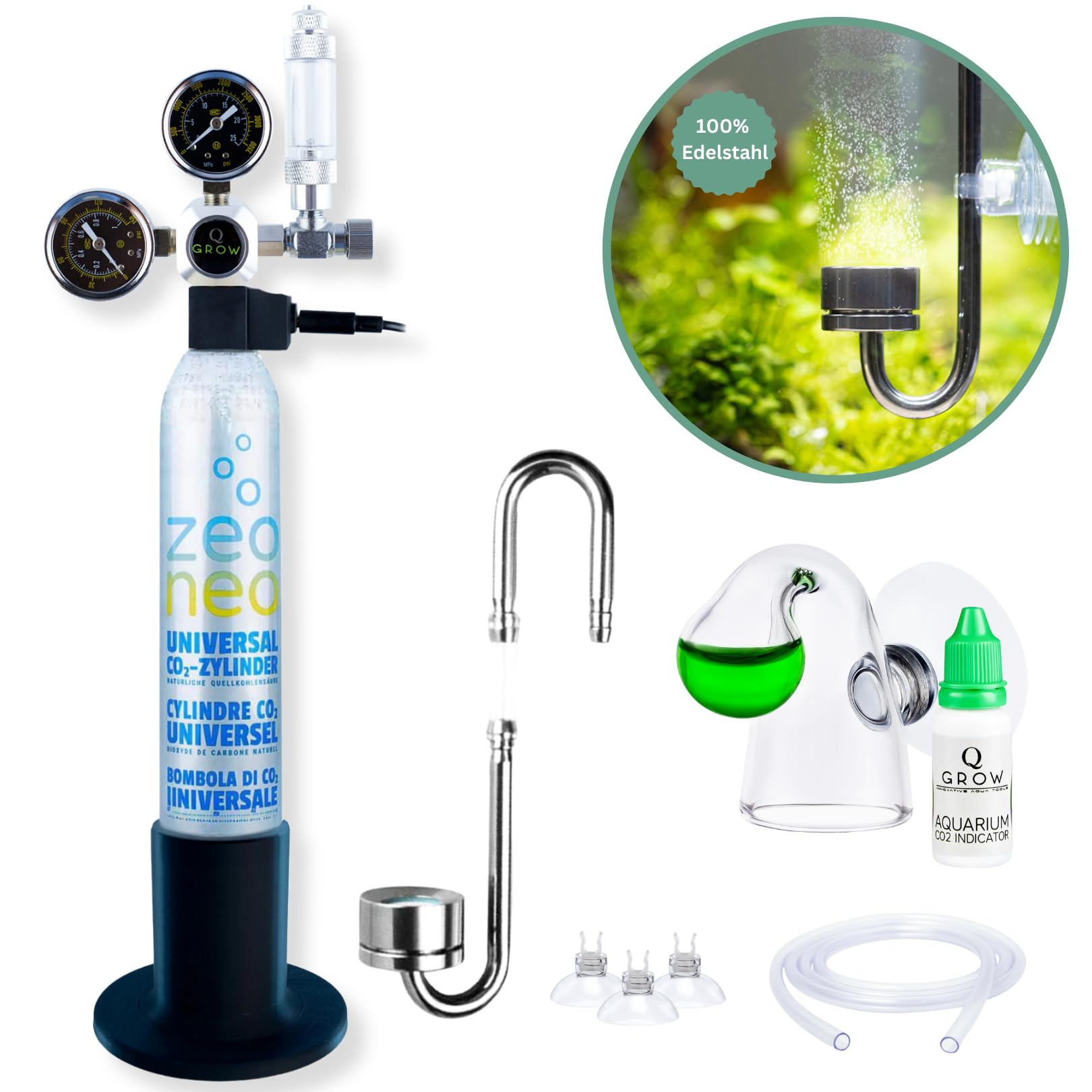 Q-Grow CO2 System Aquarium kompletny zestaw – prosty i uniwersalny – zawiera dyfuzor ze stali nierdzewnej, test ciągły, regulator ciśnienia, butelka CO2 425 g, do 500 l