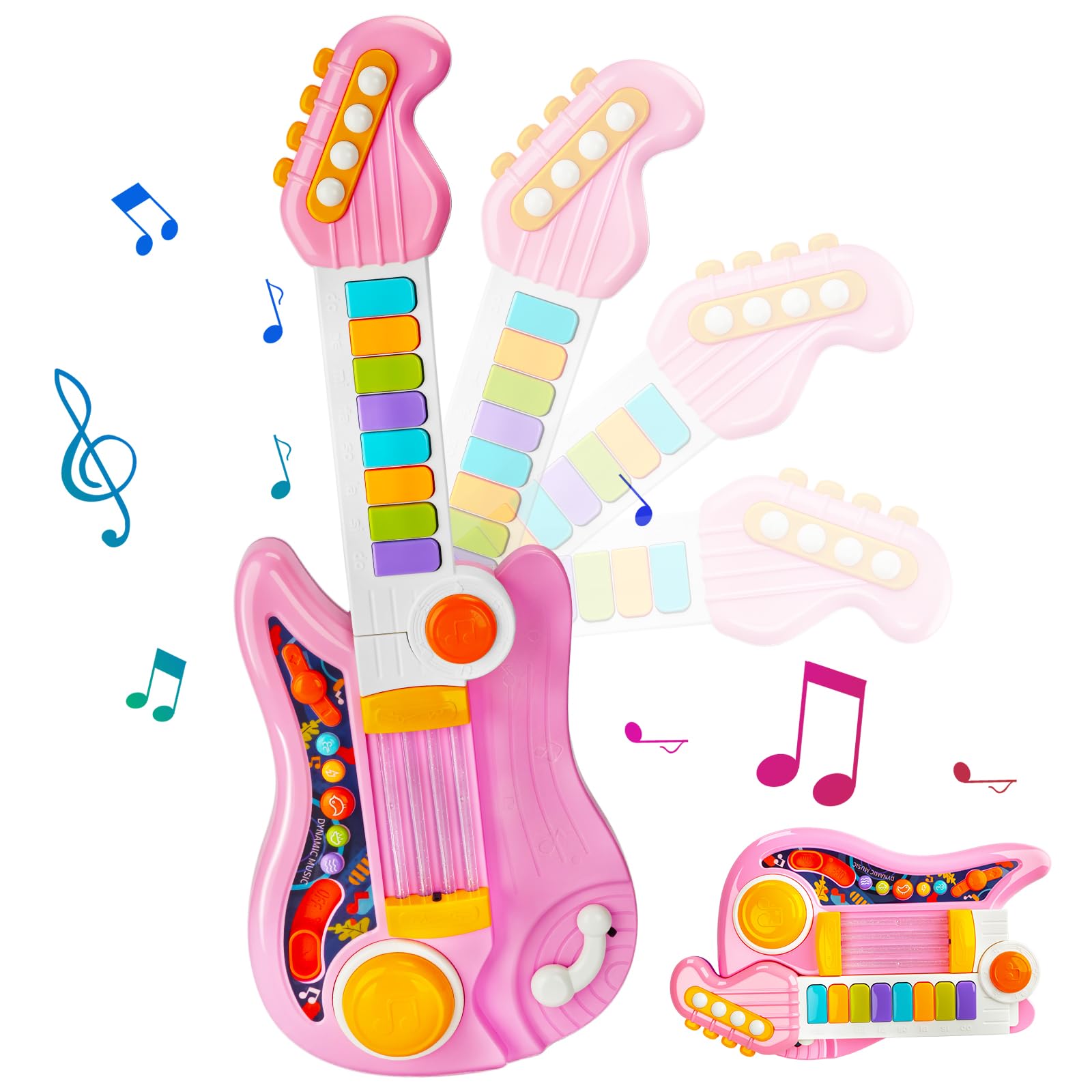 Chitarra Giocattolo Musicale per Bambini, 4 Modalità di Gioco, Strumento Musicale Giocattolo Multifunzione con Canzoni,Luce e Cinghia,Strumenti Musicali per Bambini, dai 12 Mesi+