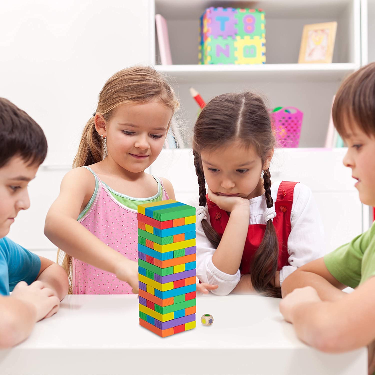 Kolorowa wieża kołysająca, kolorowa drewniana wieża do układania w stos, drewniana gra planszowa, klasyczna zabawka edukacyjna, klocki do układania w stos, zabawa rodzinna, klasyczne gry dla całej