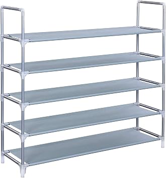 5 Tiers 25 Pairs Non-Woven Fabric Shoe Rack Simple Assembly with Handle Tower Storage Organizer Cabinet Adjustable Shoes Shelf Tower Metal Tall for Closet with Spare Parts,DIY Grey