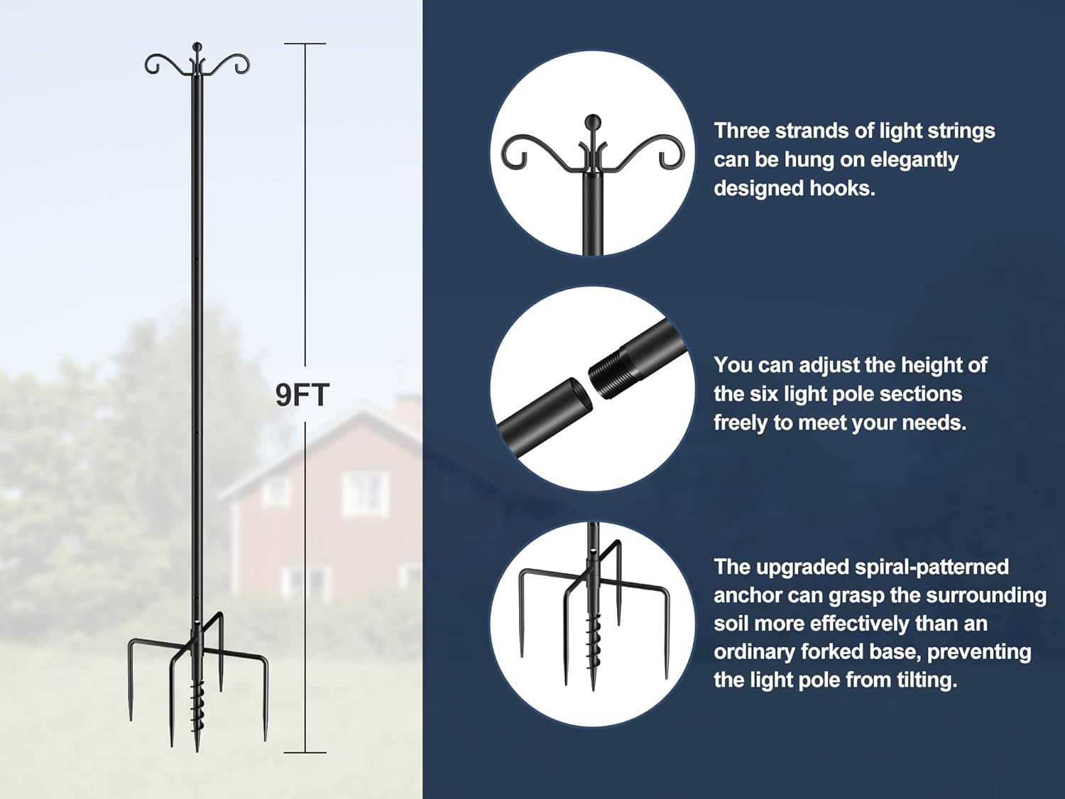 Flanagan String Light Poles 2-Pack,9FT Poles for Outdoor String Lights,Adjustable Metal Light Pole Stand, Light Poles with Hooks & 5-Prong Spiral Sturdy Anchor for Garden, Weddings and Parties