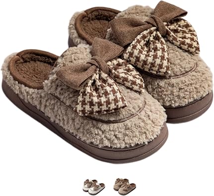 Womens Fleece Bow House Slippers Soft Plush Comfy Cozy Slip On Indoor Slipper with Bows Winter Warm Cute Bow Tie Fuzzy Bedroom Shoes Non Slip