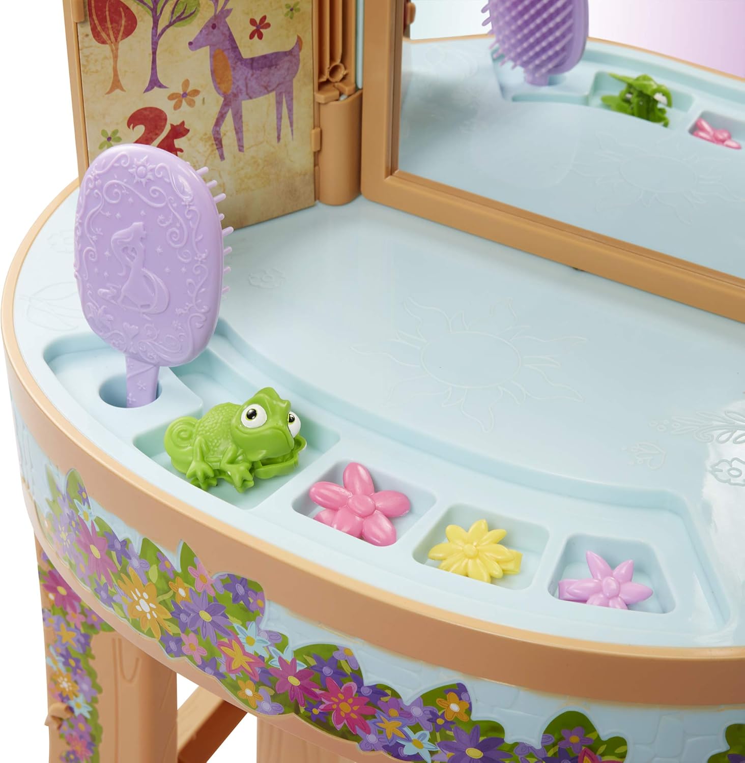 Disney Tangled Rapunzel Tower Vanity Playset— Light‑Up Musical “I See The Light” Mirror, Pop‑Up Lantern, Hair Brush & Clips, Stool (70lb) | Princess Dress‑Up Table for Kids 3+