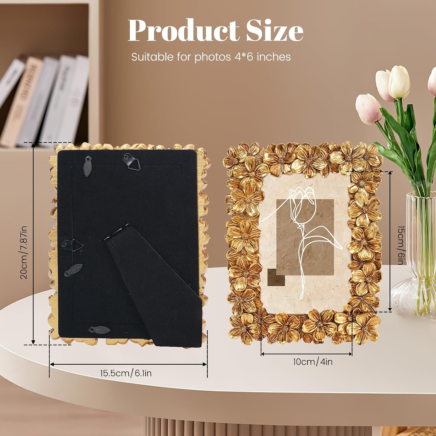Floral Photo Frame 4x6, Gold Vintage Picture Frames with Carved Flower, Resin Picture Frame with Glass Front, Photos Display for Tabletop or Wall Hanging, Ornate Handmade Photo Frames, Gift Ideas image 2