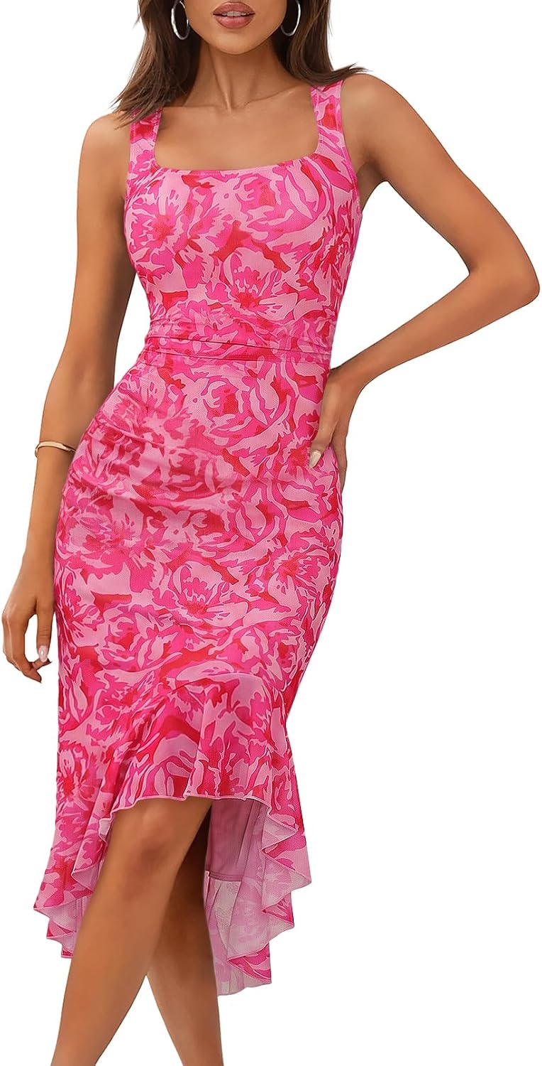 MEROKEETY Women's 2026 Summer Floral Bodycon Dress Square Neck Sleeveless Ruffle Cocktail Mesh Beach Vacation Midi Dresses