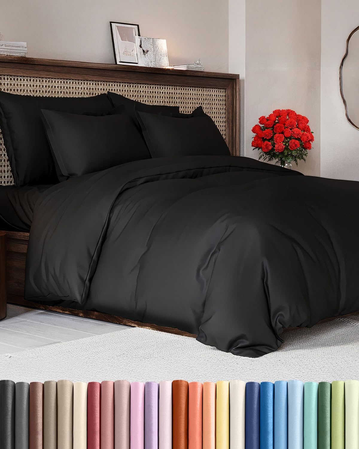 Duvet Cover Queen Size Set - Extra Soft Queen Duvet Cover 90" x 90" with 2 Pillow Shams - Hotel Luxury, Easy Care and Fade Free w/ Zipper Closures & Ties - All Season, Comfy, Cozy & Breathable (Black)