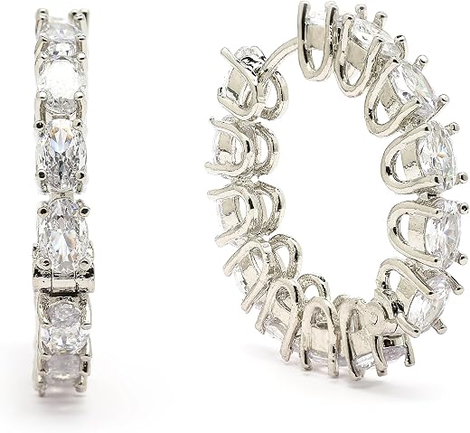 Zeneme Rhodium Plated Silver Toned American Diamond Embellished Hoop Earrings For Women & Girls