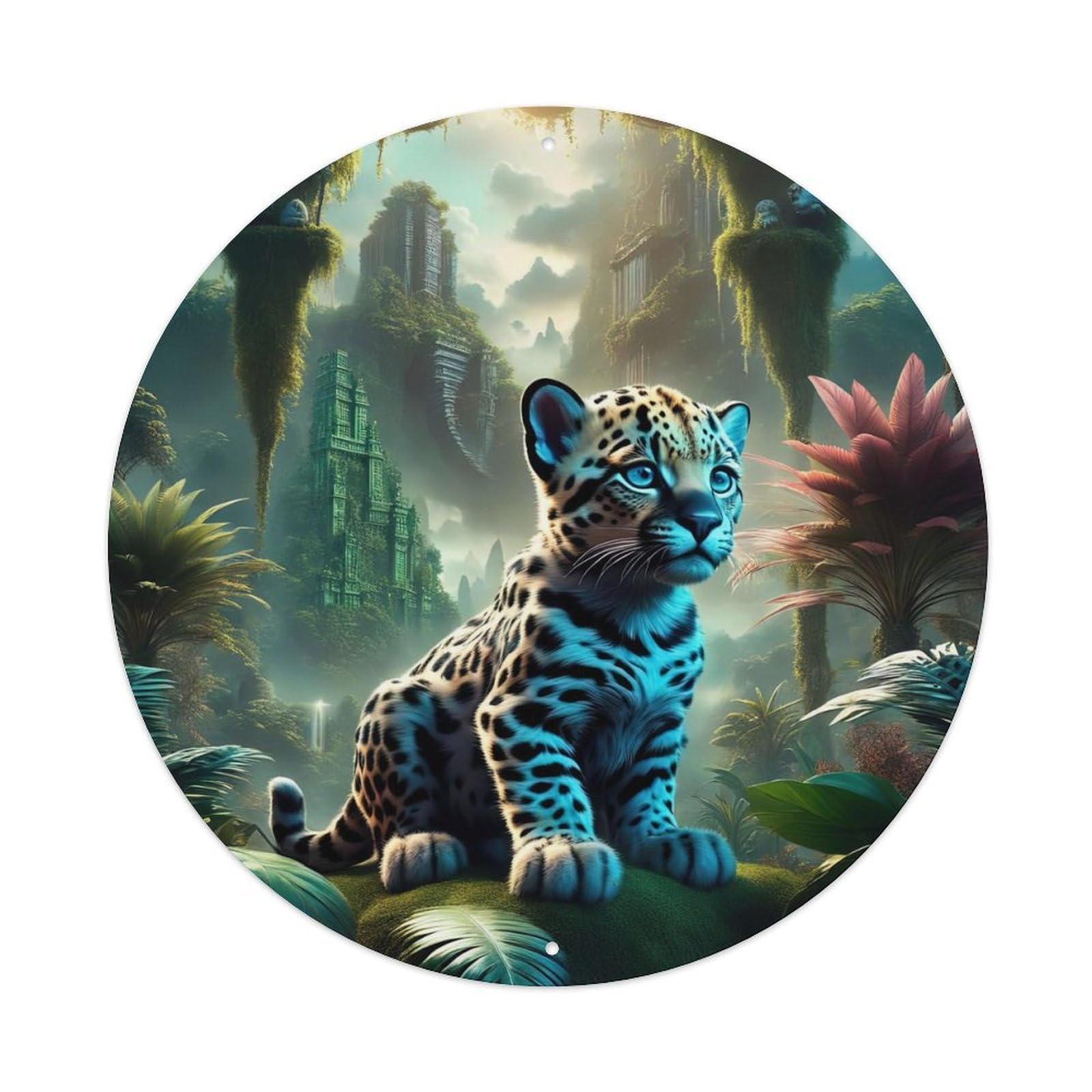 Wildlife Artwork Poster Little Blue Eyed Leopard Vintage Metal Tin Sign Plaque Wall Decor for Cafe, Club, Garden Round Metal Poster 8x8Inch
