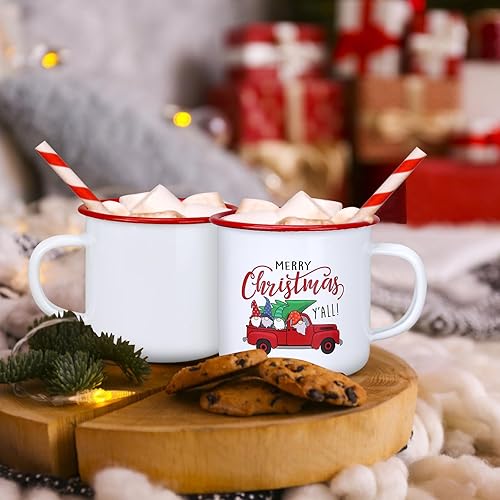 Miniatura 2 de Tazas de café esmaltadas de 12 onzas con camión rojo y árbol de Navidad, divertidas tazas de café vintage blancas