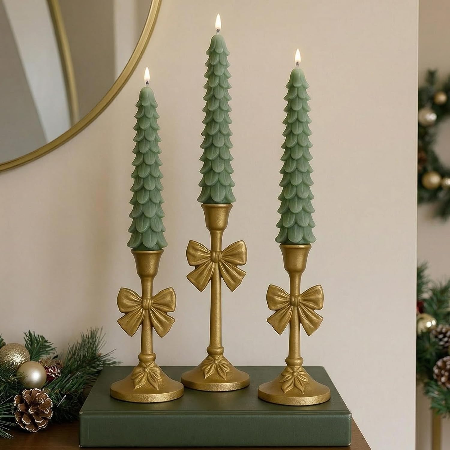 Mumufy 3 Pcs Gold Bow Taper Candle Holders Valentine's Day Cast Iron Pillar Candle Holders Multiple Size Candlesticks Set for Home Decorative Table Centerpieces Weddings Banquets Parties