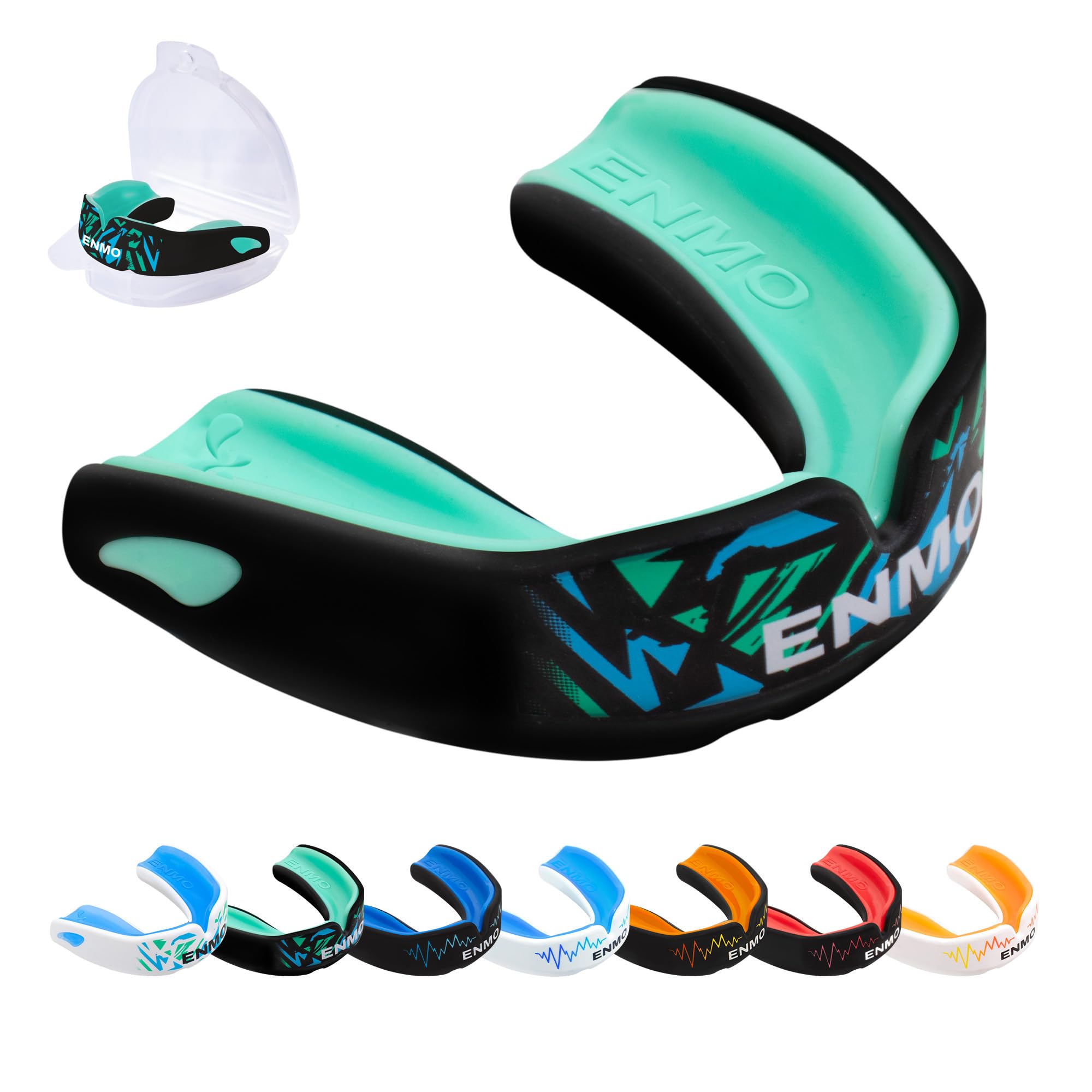 Enmo Maxilla Pro Gum Shield - Adult & Junior 10+ Mouth Guard with Case for Rugby, Boxing, Hockey and Contact Sports - Mouthguard with Boil & Bite, Breathing Channel Tech, Triple Layer - Black/Mint