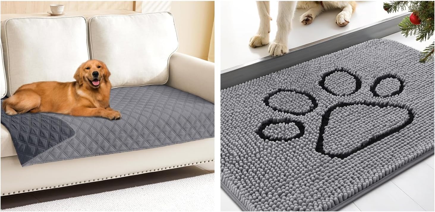 Smiry Waterproof Dog Blanket, Reversible Bed Cover Pet Blanket(30"x70", Grey/Dark Grey) and Dog Door Mat for Muddy Paws, Absorbent Dirt Trapper Non-Slip Washable Mat(Grey 30x20)